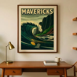 Mavericks Surf Poster | Half Moon Bay California Print | Vintage Surf Wall Art | Printable Beach Decor | Digital Download image 6
