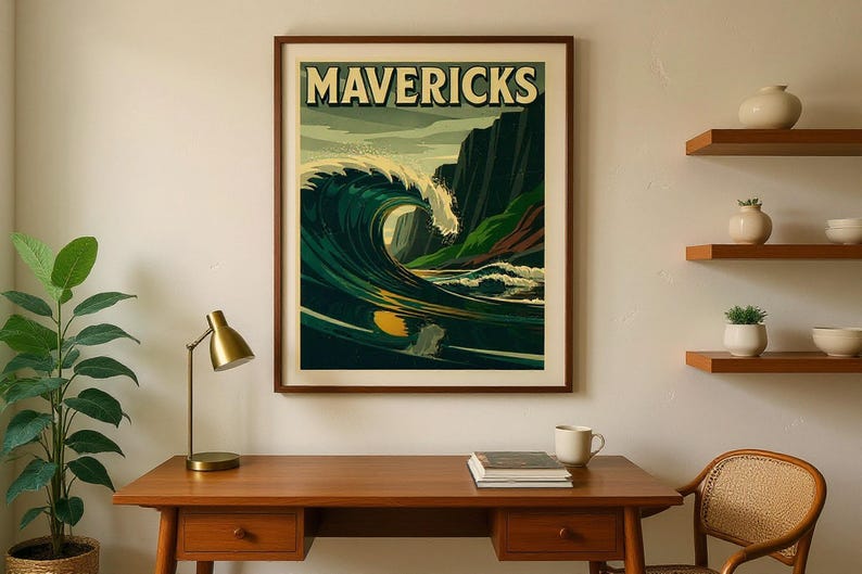 Mavericks Surf Poster | Half Moon Bay California Print | Vintage Surf Wall Art | Printable Beach Decor | Digital Download image 6