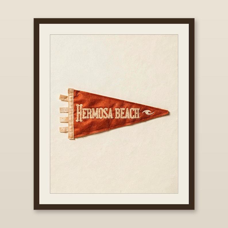 Hermosa Beach, California Surf Pennant Print | Vintage Felt Pennant Art | Beach House Decor | Retro Surf Wall Art | Printable Digital Downlo image 1