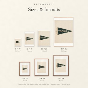 Sizes and formats for Tofino Surf Pennant, shown to scale: unframed prints, oak hanger and framed prints.