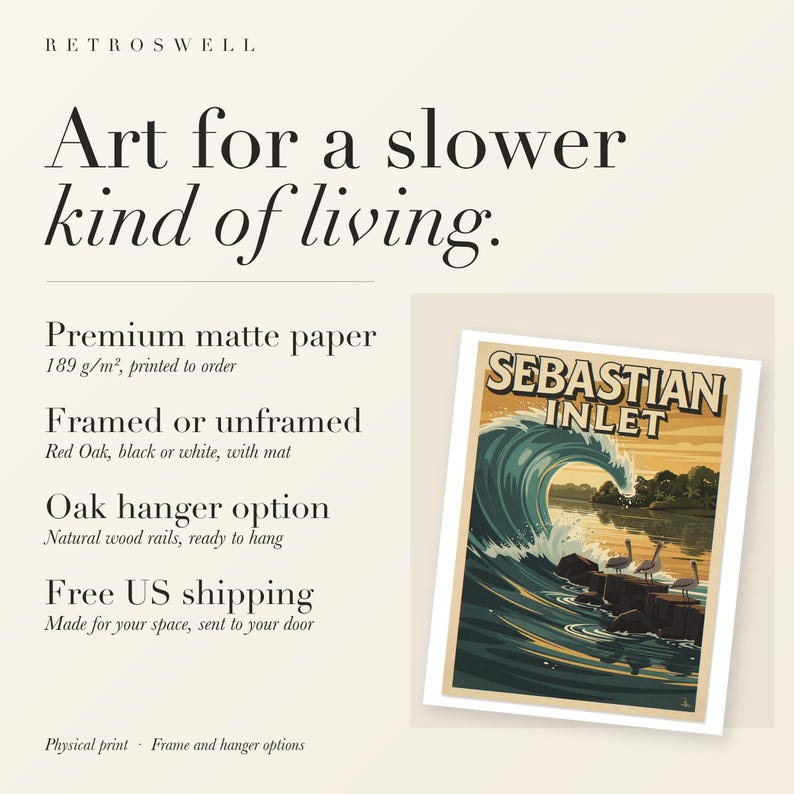 RetroSwell print details for Sebastian Inlet Surf: premium 189 g/m² matte paper, framed or unframed, oak hanger option, free US shipping.