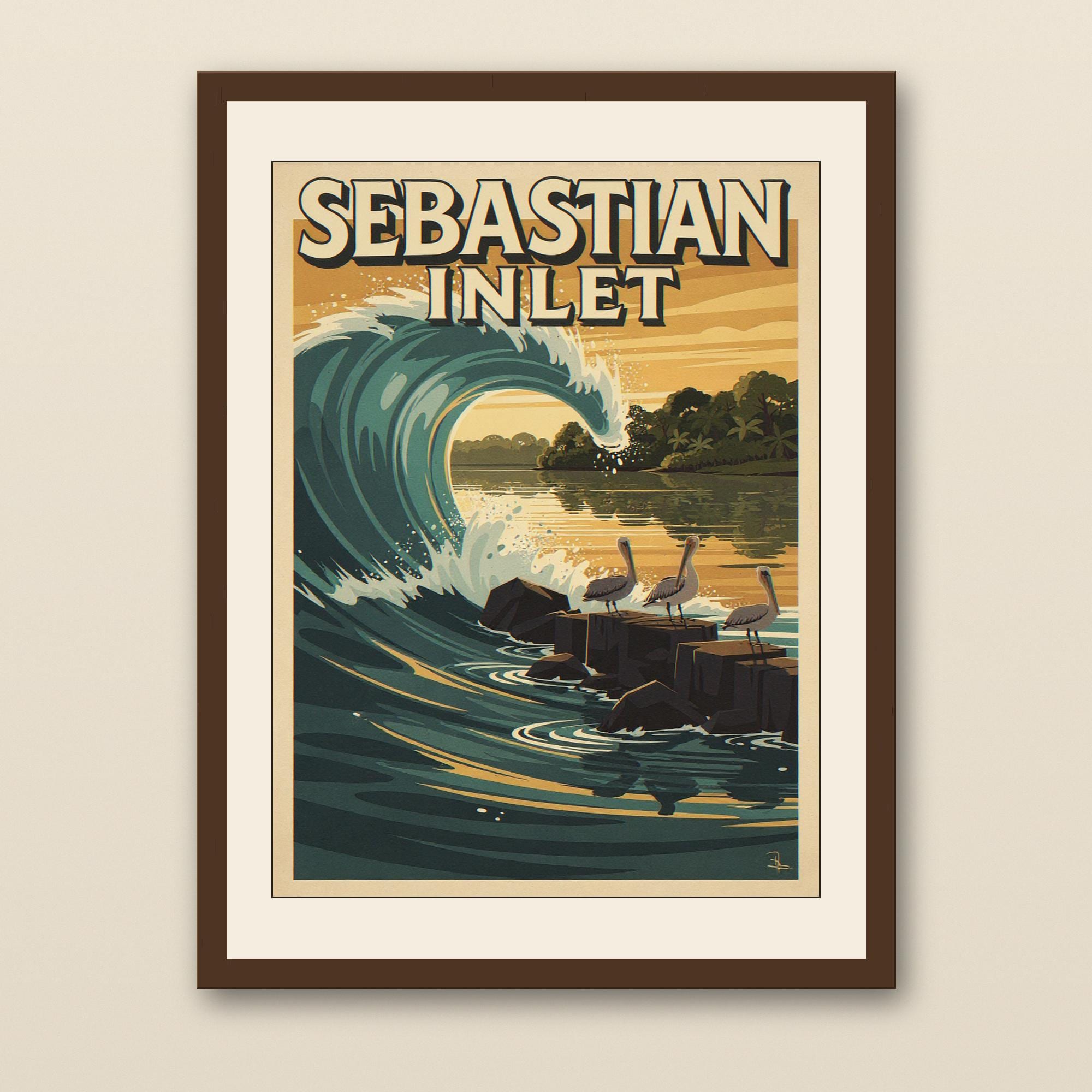 Sebastian Inlet Surf Poster - walnut framed art print with cream mat on plaster wall