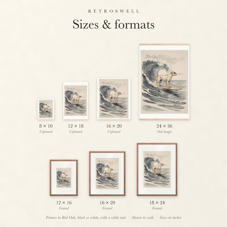 Sizes and formats for Labrador Surfing, shown to scale: unframed prints, oak hanger and framed prints.