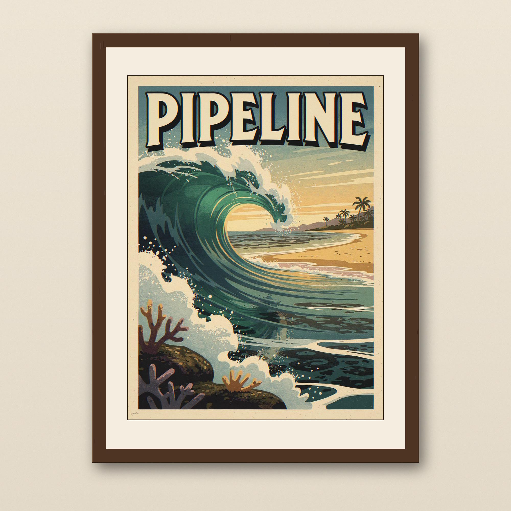 Pipeline Hawaii Surf Poster - walnut framed art print with cream mat on plaster wall