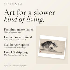 RetroSwell print details for Surfer in the Barrel Xieyi Ink: premium 189 g/m² matte paper, framed or unframed, oak hanger option, free US shipping.