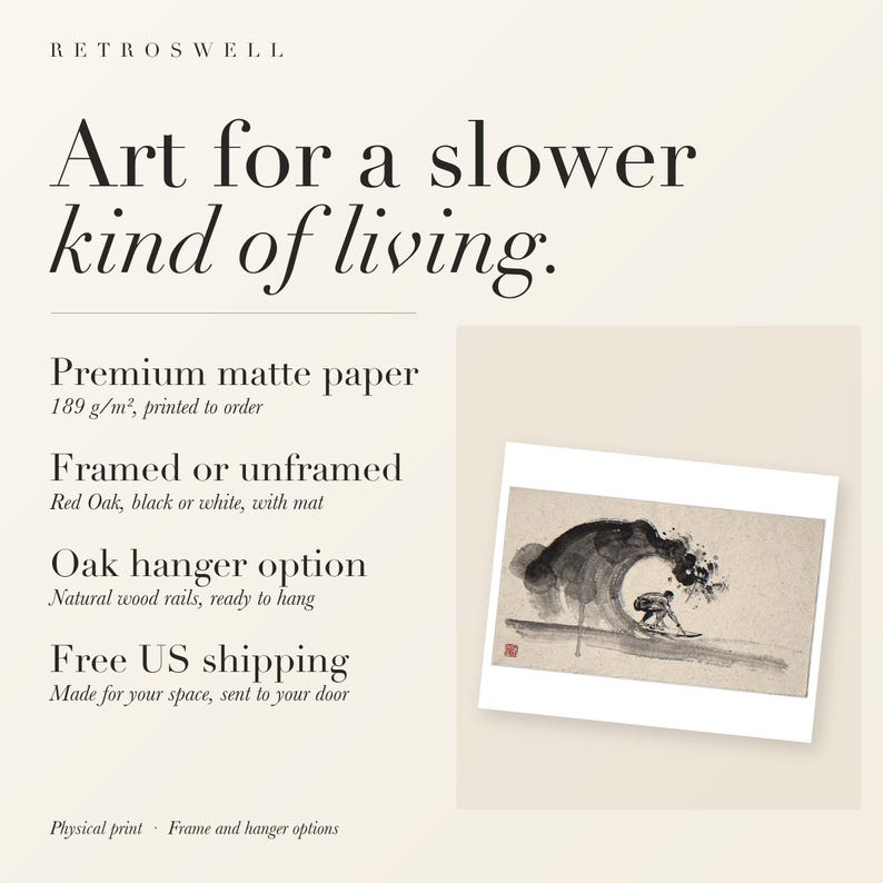 RetroSwell print details for Surfer in the Barrel Xieyi Ink: premium 189 g/m² matte paper, framed or unframed, oak hanger option, free US shipping.