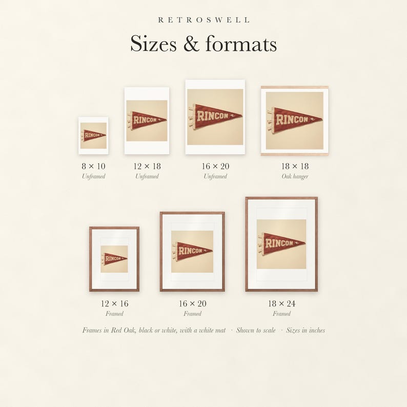 Sizes and formats for Rincon Surf Pennant, shown to scale: unframed prints, oak hanger and framed prints.