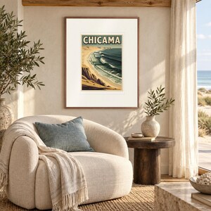 Chicama Peru Surf print in a Red Oak frame with a white mat in a light-filled coastal sitting room.