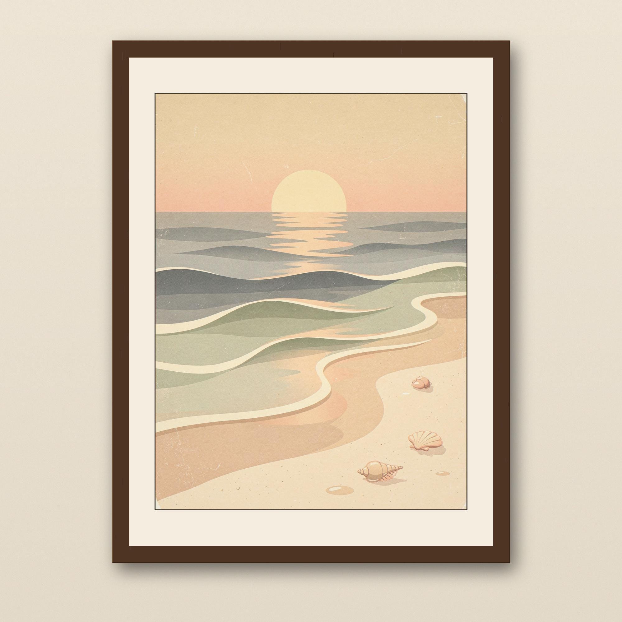 Ocean Waves Nursery Art Print - walnut framed art print with cream mat on plaster wall