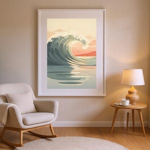 Ocean Wave Art Print framed in a modern bedroom setting