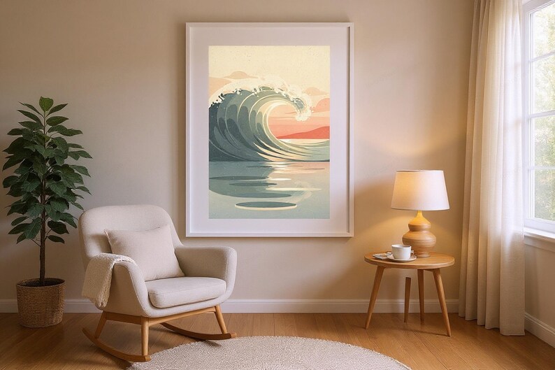 Ocean Wave Art Print framed in a modern bedroom setting