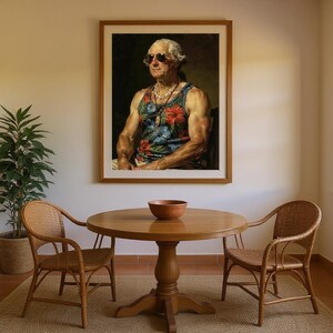 George Washington Surfer Print framed in a coastal dining room setting