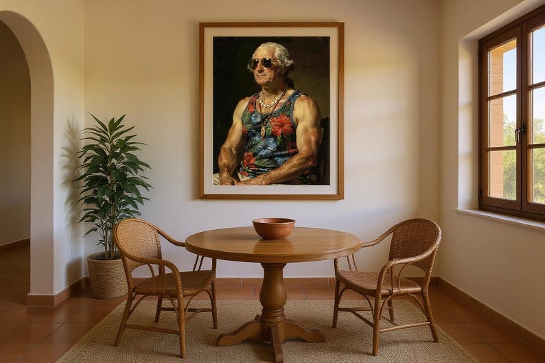 George Washington Surfer Print framed in a coastal dining room setting