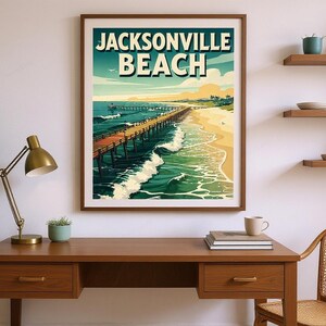 Jacksonville Beach Surf Poster framed in a home office setting