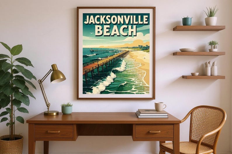Jacksonville Beach Surf Poster framed in a home office setting