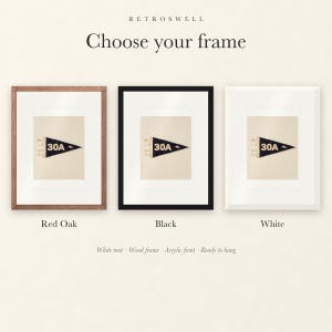Frame options for 30A, Florida Surf Pennant: Red Oak, black and white wood frames, each with a white mat.