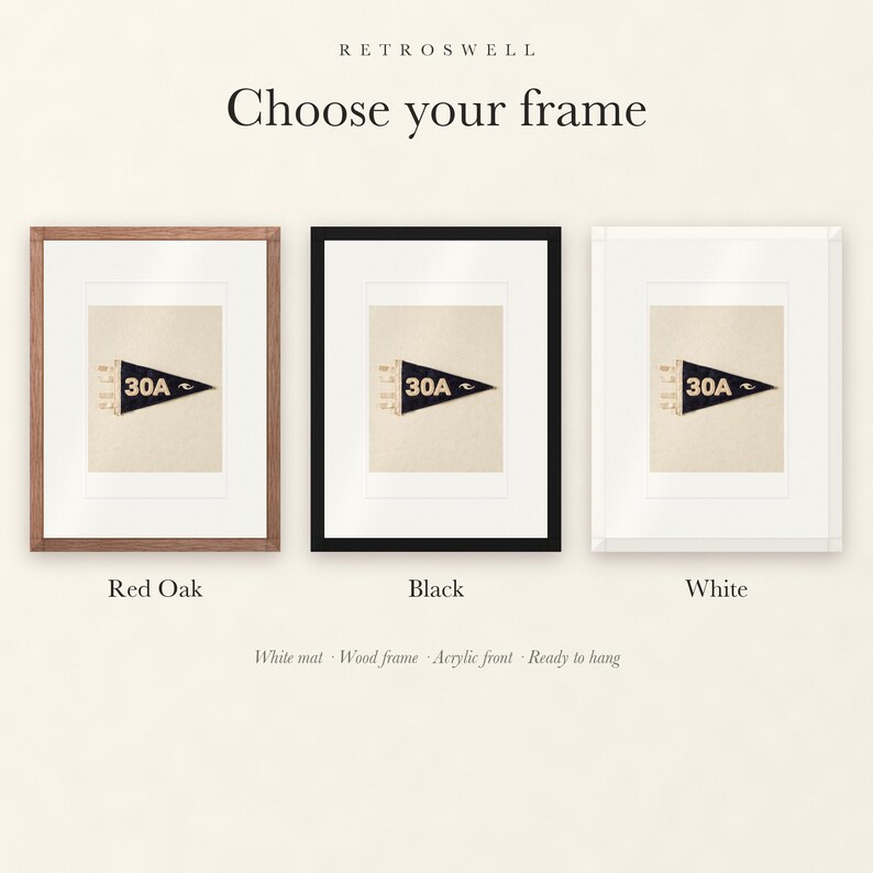 Frame options for 30A, Florida Surf Pennant: Red Oak, black and white wood frames, each with a white mat.
