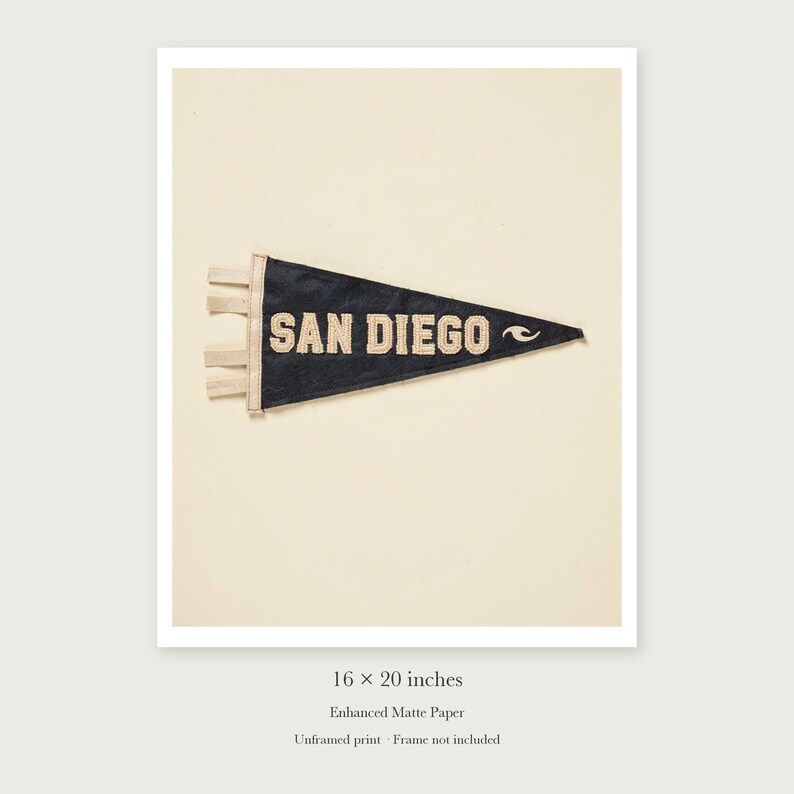 San Diego Surf Pennant unframed 16 by 20 inch print on enhanced matte paper, shown with its white paper border.
