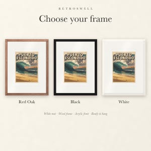 Frame options for Puerto Escondido Surf: Red Oak, black and white wood frames, each with a white mat.
