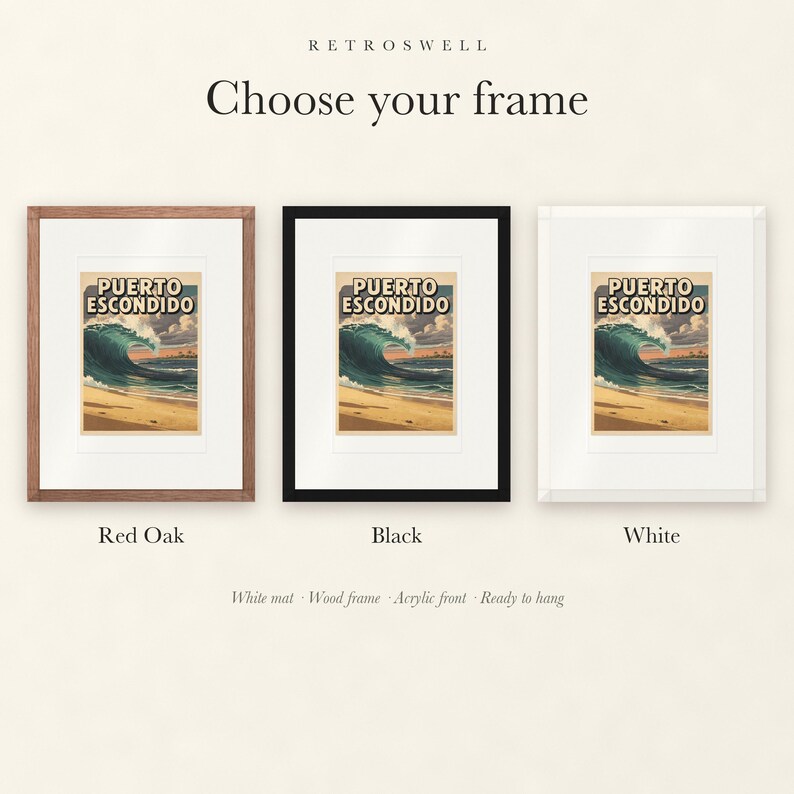 Frame options for Puerto Escondido Surf: Red Oak, black and white wood frames, each with a white mat.