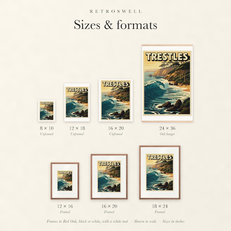 Sizes and formats for Trestles California Surf, shown to scale: unframed prints, oak hanger and framed prints.
