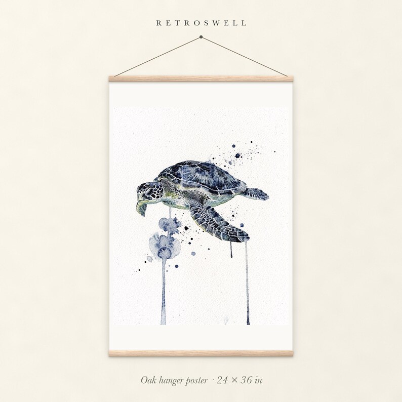 Sea Turtle Watercolor oak hanger poster, 24 by 36 inches, with natural wood rails and a hanging cord.