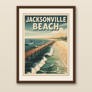 Jacksonville Beach Surf Poster - walnut framed art print with cream mat on plaster wall