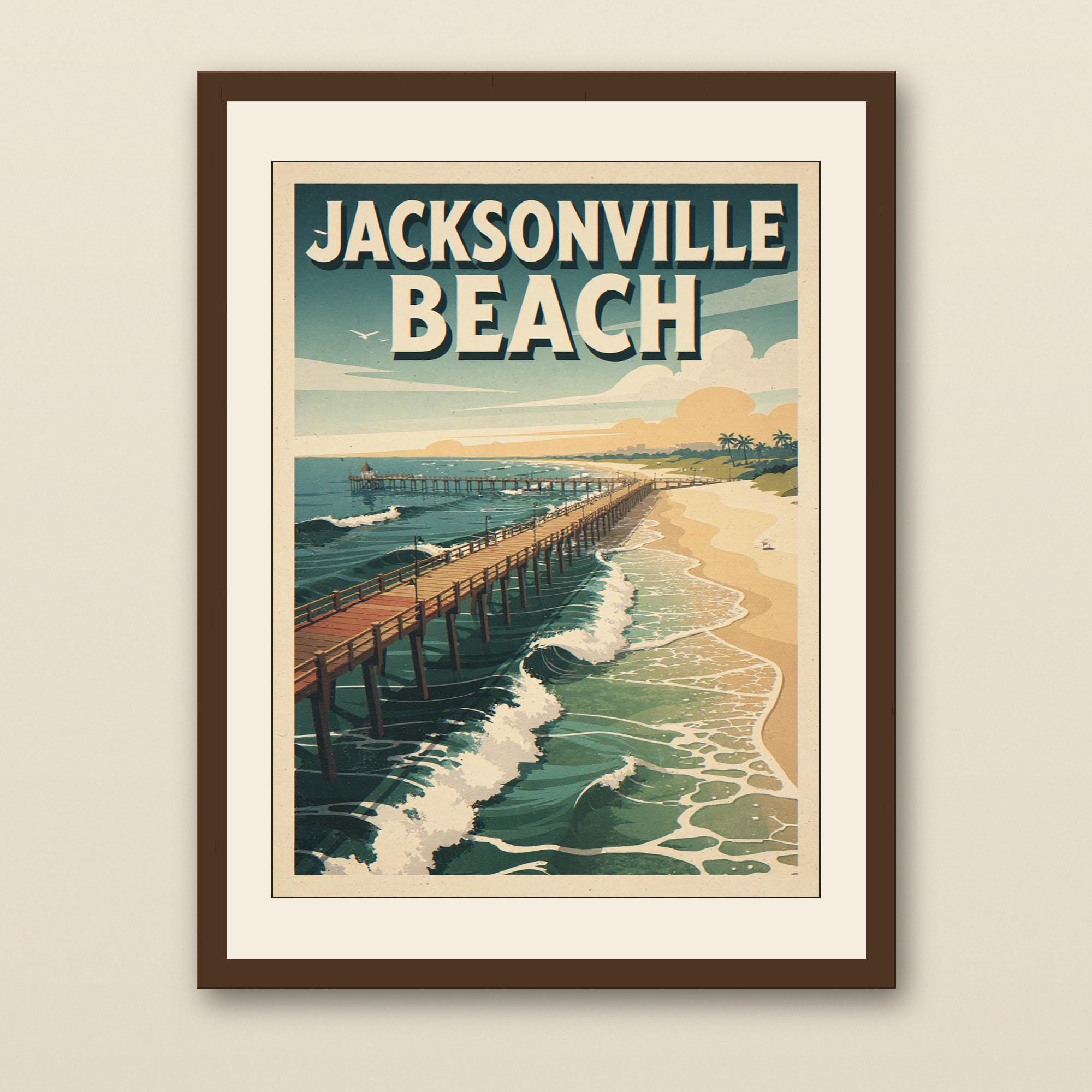 Jacksonville Beach Surf Poster - walnut framed art print with cream mat on plaster wall