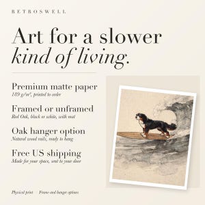 RetroSwell print details for Bernese Mountain Dog Surfing: premium 189 g/m² matte paper, framed or unframed, oak hanger option, free US shipping.