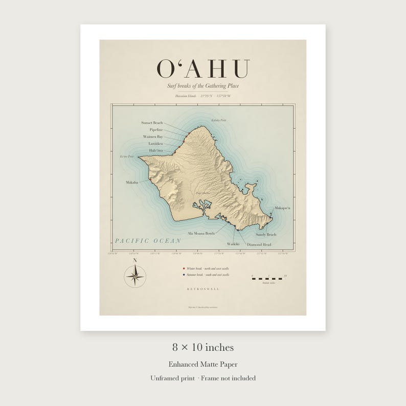 Oʻahu Surf Map unframed 8 by 10 inch print on enhanced matte paper, shown with its white paper border.
