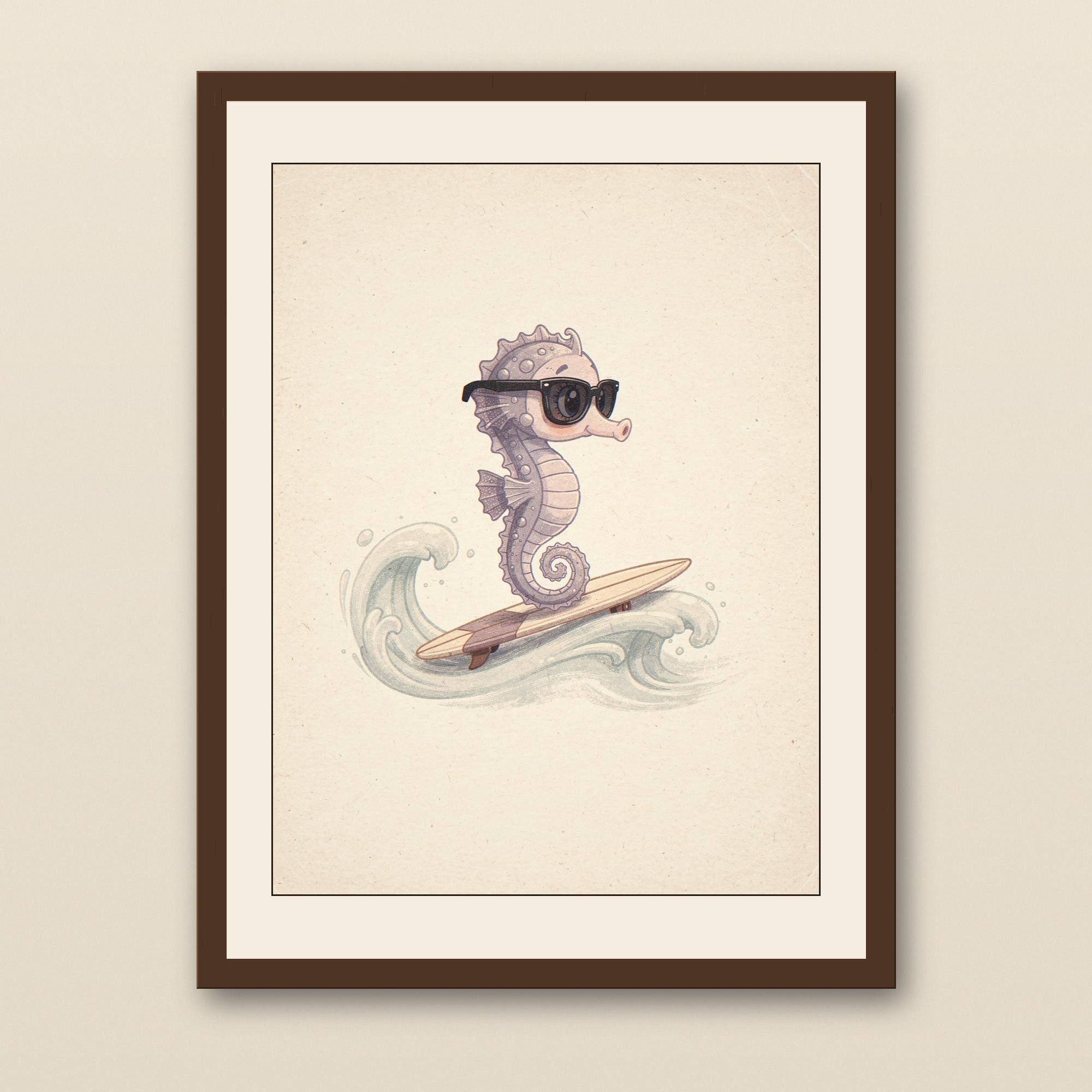 Seahorse Surfing Art Print - walnut framed art print with cream mat on plaster wall
