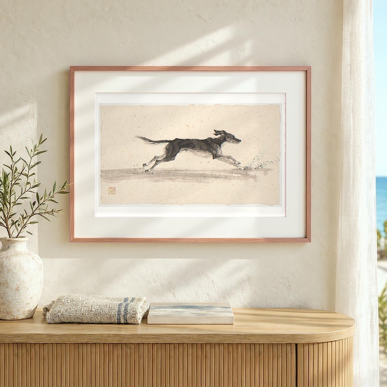Dog Running on the Beach Xieyi Ink Art Print, Framed or Unframed Chinese Brush Painting, Landscape Wall Art image 12