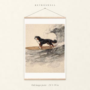 Bernese Mountain Dog Surfing oak hanger poster, 24 by 36 inches, with natural wood rails and a hanging cord.