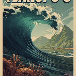 Teahupo'o coastal scene unframed printed artwork and full composition with its paper border.