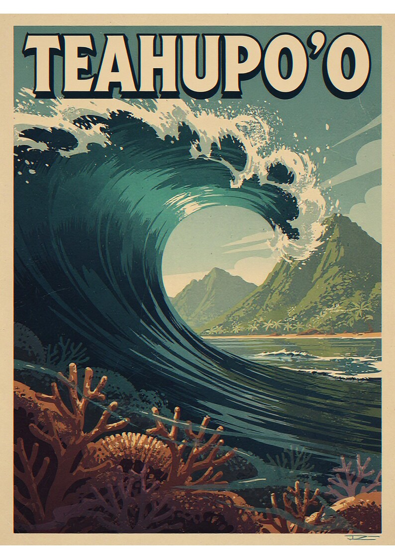 Teahupo'o coastal scene unframed printed artwork and full composition with its paper border.