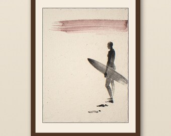 Minimalist Surf Art | Sumi-e Surfer Ink Wash Print | Modern Surf Wall Decor | Printable Wall Art Digital Download