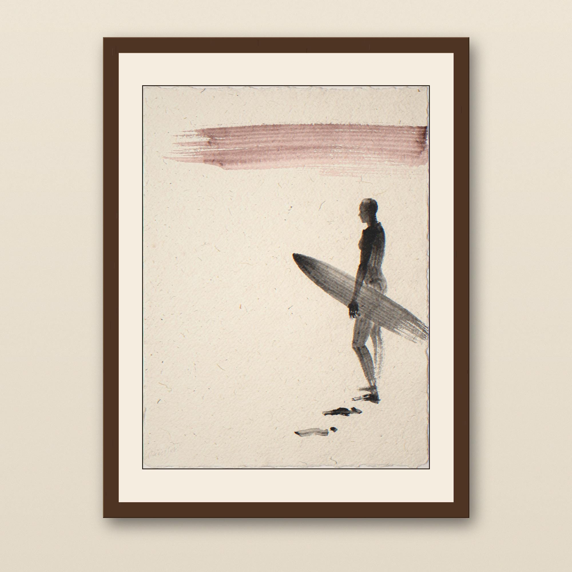 Sumi-e Dawn Patrol Surfer with Rose Accent Print - walnut framed art print with cream mat on plaster wall