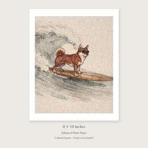 Shiba Inu Surfing unframed 8 by 10 inch print on enhanced matte paper, shown with its white paper border.