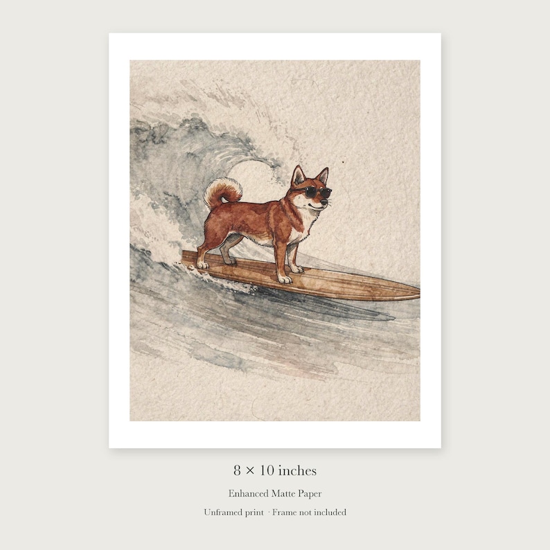Shiba Inu Surfing unframed 8 by 10 inch print on enhanced matte paper, shown with its white paper border.