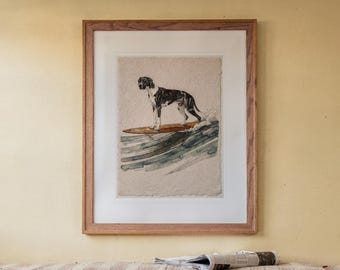 Lámina artística de un gran danés surfeando, póster de perro costero con o sin marco.