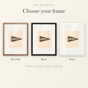 Frame options for Jaws, Pe'ahi Surf Pennant: Red Oak, black and white wood frames, each with a white mat.