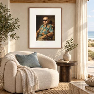 Harry S. Truman Surfer print in a Red Oak frame with a white mat in a light-filled coastal sitting room.