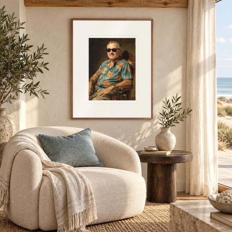 Harry S. Truman Surfer print in a Red Oak frame with a white mat in a light-filled coastal sitting room.