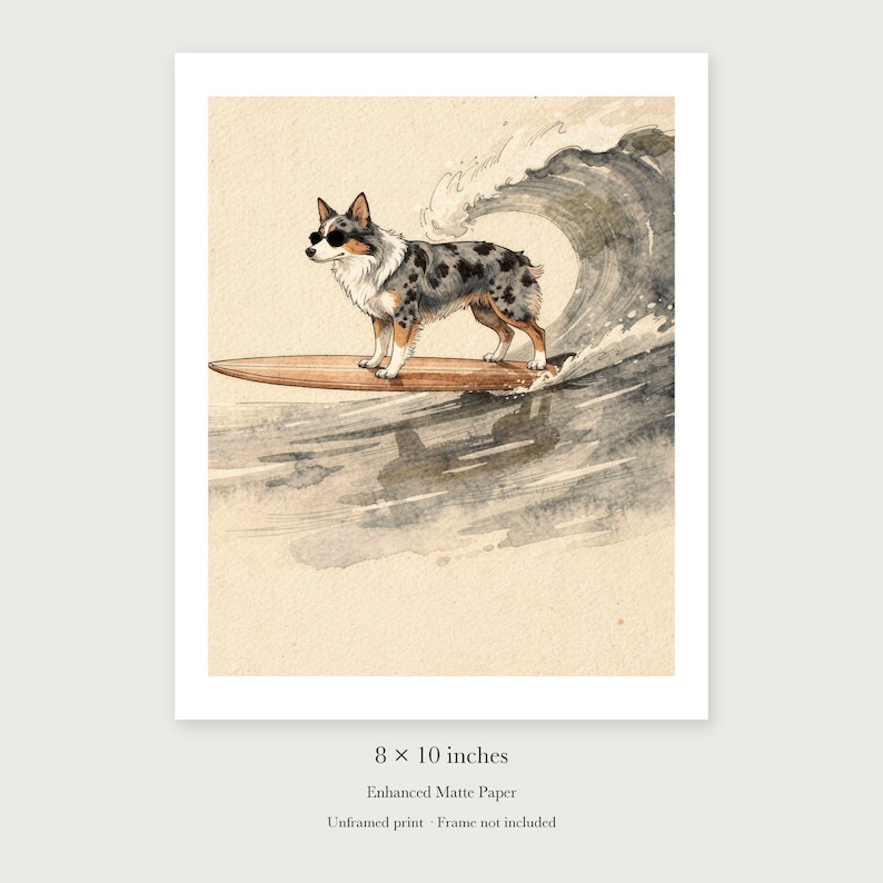 Australian Shepherd Surfing unframed 8 by 10 inch print on enhanced matte paper, shown with its white paper border.