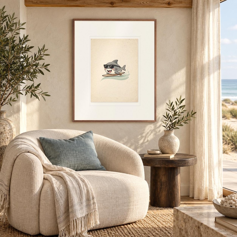 Shark Surfing print in a Red Oak frame with a white mat in a light-filled coastal sitting room.