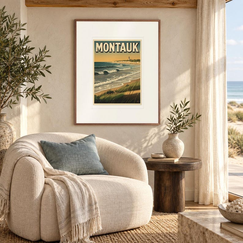 Montauk Surf print in a Red Oak frame with a white mat in a light-filled coastal sitting room.