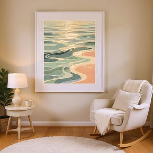 Ocean Ripples Art Print framed in a modern bedroom setting