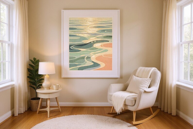 Ocean Ripples Art Print framed in a modern bedroom setting