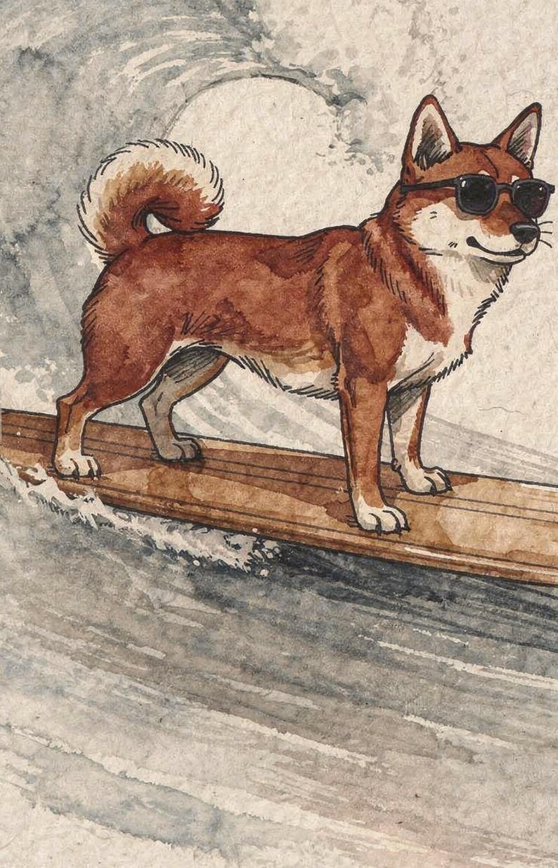 Shiba Inu Surfing Print | Watercolor Dog Wall Art | Coastal Beach Decor | Printable Instant Download | Shiba Gift image 4
