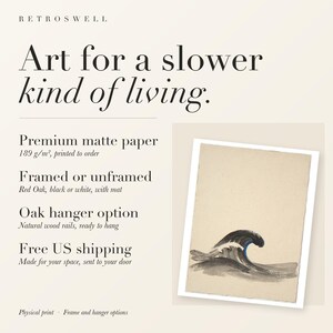 RetroSwell print details for Curling Wave Ink Style: premium 189 g/m² matte paper, framed or unframed, oak hanger option, free US shipping.